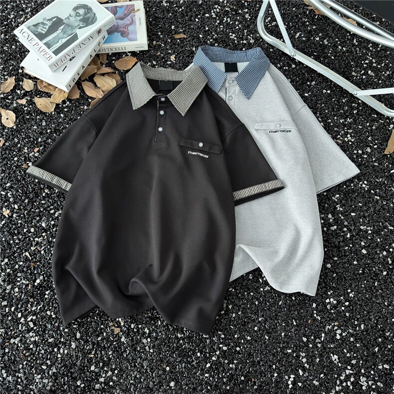 2025新款美式学院风格纹拼接珠地精棉短袖polo衫T恤男女上衣ins，男装Polo衫，星座601-1