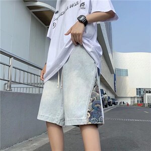 牛仔短裤男夏季ins潮牌五分裤刺绣小熊复古宽松直筒中裤N1681-P40图片