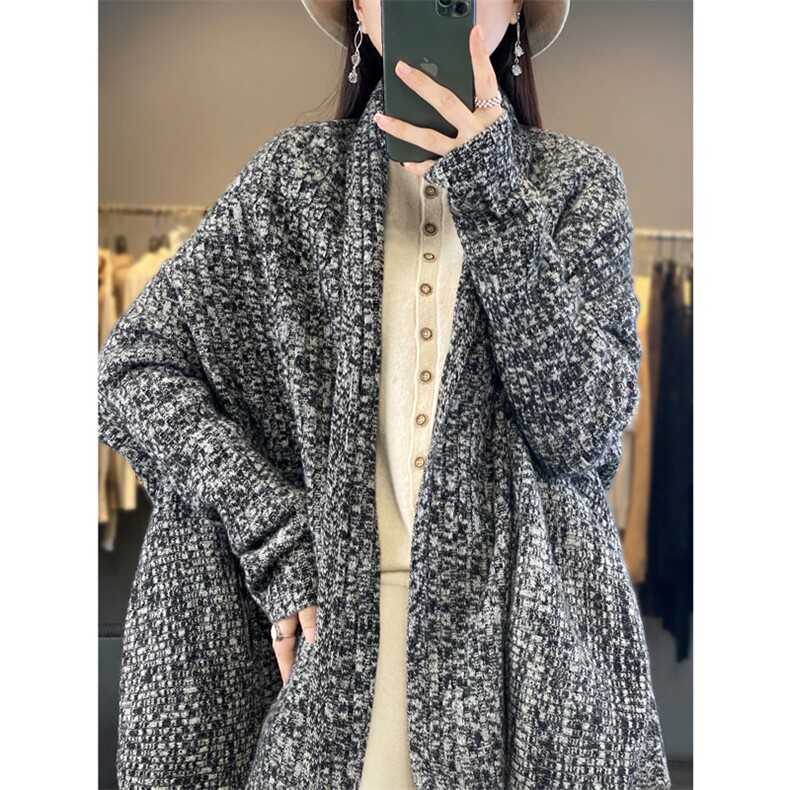 秋冬V领中长款100%纯羊毛开衫女复古披肩宽松慵懒羊绒衫外套毛衣,饰品披肩,端硕羊绒