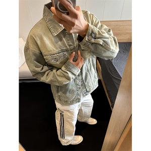 JK128-P52 美式高街水洗做旧黄泥染牛仔外套男款潮流宽松图片