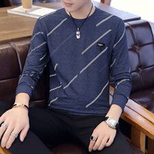 秋季长袖男彩棉斜条薄款卫衣男t恤男时尚印花圆领套头卡其9612P28，男装T恤，星座1207