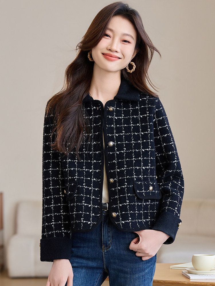 小香风格子短款外套女装2025春秋新款小个子休闲气质翻领开衫上衣,针织衫/毛衣,韩然一族