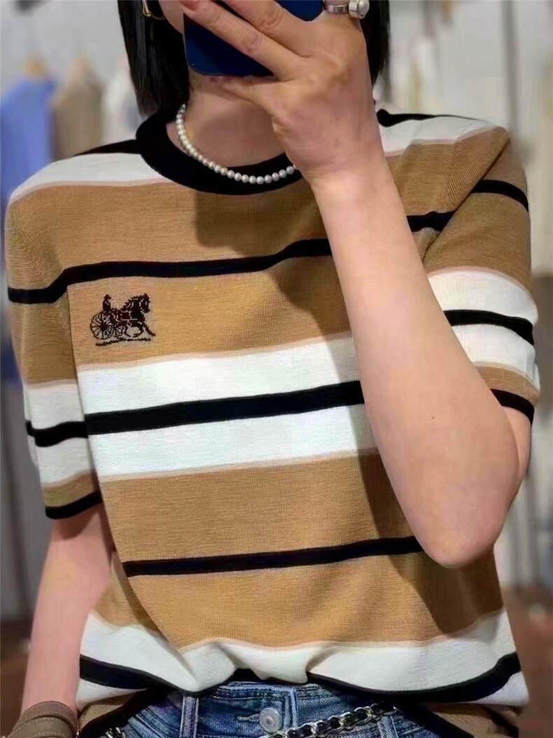 时尚条纹短袖针织衫简约休闲百搭纯棉上衣,针织衫/毛衣,端硕羊绒