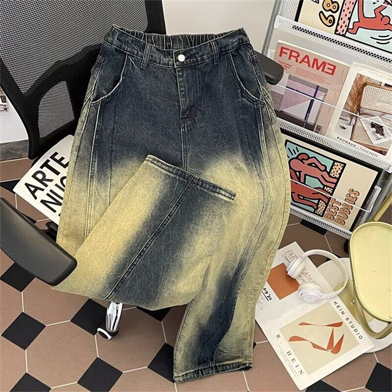 渐变色解构弯刀牛仔裤男夏季美式潮情侣直筒阔腿长裤子3533P55,男装牛仔裤,星座410-2