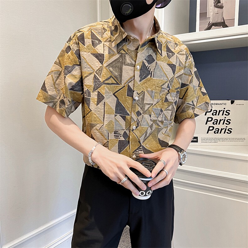 23纯棉印花短袖衬衫宽松男装社会小伙潮流半袖衬衣TZ92P50控78,男装T恤,电商B413