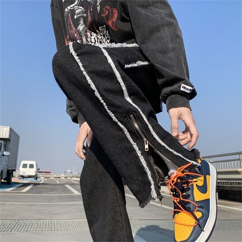DK445-P40美式vibe风裤子高街ins潮牌黑色毛边牛仔裤男设计感炸街图片