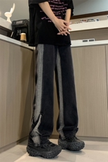 现货春夏黑色渐变直筒宽松设计感拼接绑带XX修身牛仔裤男K918-P50，男装牛仔裤，星座205