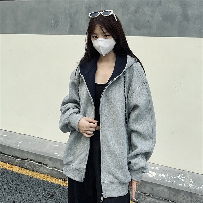 抖音得物二开美式高街重磅结构双层撞色连帽卫衣开衫外套W116,男装卫衣,电商A486