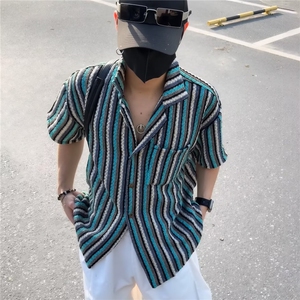 2025夏季新款潮牌撞色短袖衬衫男款纹理感休闲高级感百搭镂空衬衣图片