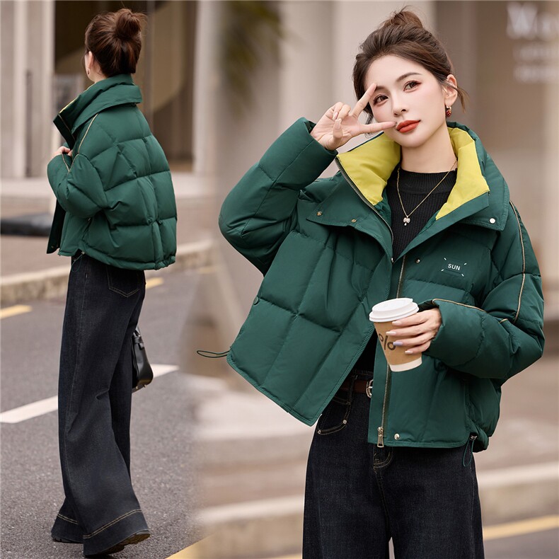 时尚撞色双层领短款羽绒服女2025冬季加厚保暖90白鸭绒面包服外套，女装羽绒服，艾尚靓装