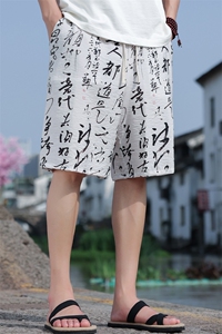 2025夏季新款男风冰丝中裤民族风书法印花透气短裤 DK108-P35图片