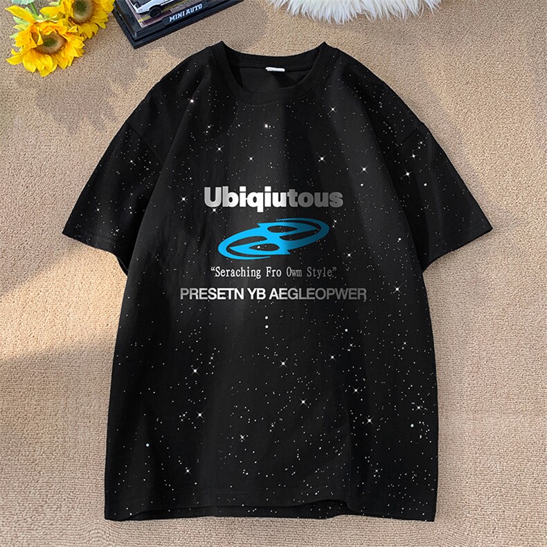 量大优供抖音视频支持得物配合二开美式满天星亮片短袖T恤MTX358,男装T恤,电商A486