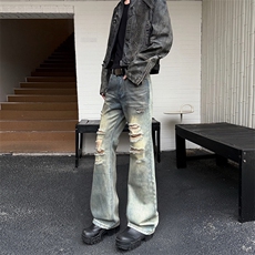 美式高街潮牌破洞牛仔裤男休闲直筒宽松显瘦微喇乞丐裤YD9038-P75，男装牛仔裤，星座509