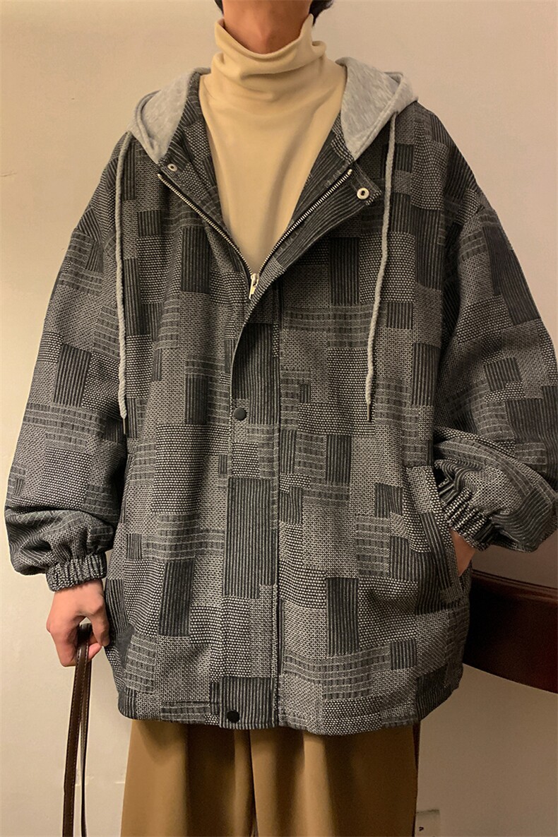 JK6007/P80加棉P90冬装港风牛仔连帽格子夹克男大码外套棉衣男,男装夹克,电商A141