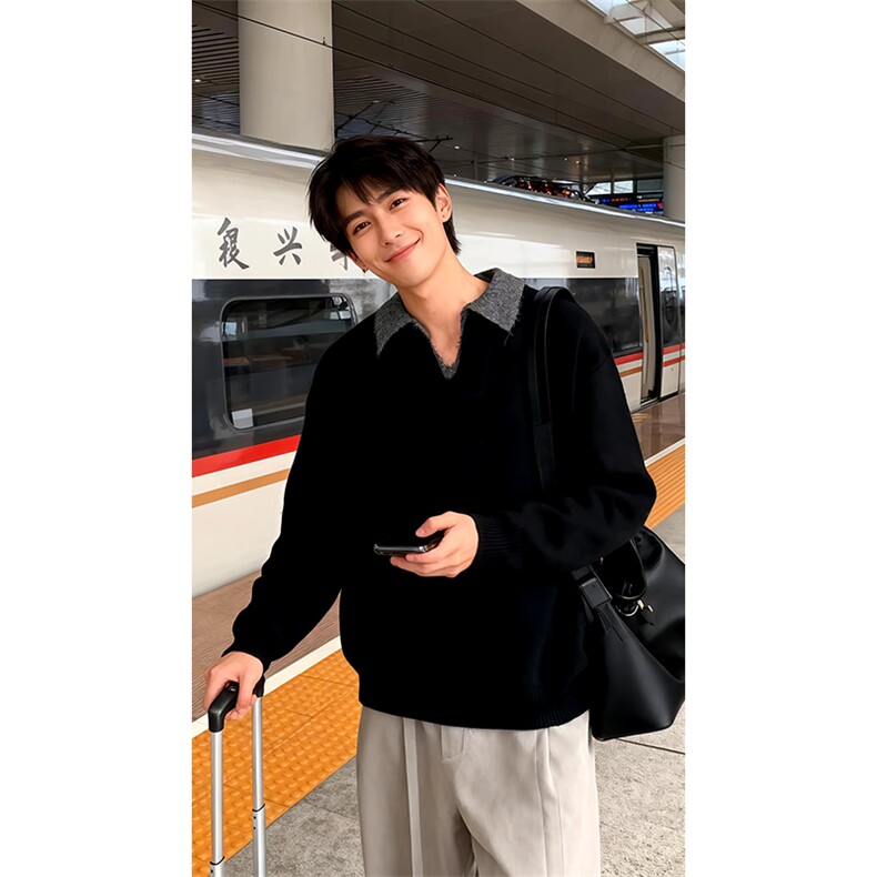 重磅北极绒假两件衬衫领毛衣美式高街复古休闲慵懒纯色翻领针织衫，男装针织衫/毛衣，电商A486-1