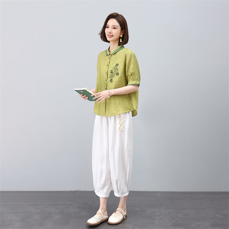 高端时尚刺绣翻领短袖苎麻套装女2025夏季新款休闲洋气妈妈两件套,女装套装/套裙,凝聚力