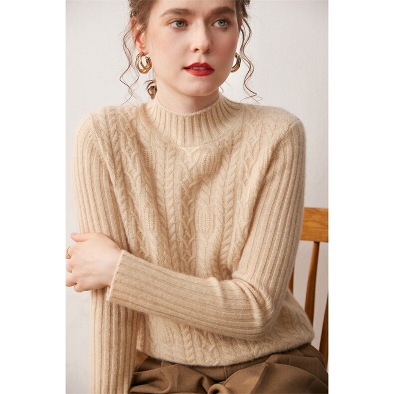 2025年秋季常规长袖套头半高全身绞花舒适时尚百搭通勤，女装针织衫/毛衣，宛咚羊绒