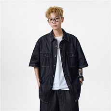 复古短袖衬衫男夏季宽松牛仔衬衣潮流百搭CD160特批：65：109，男装衬衫，星座718