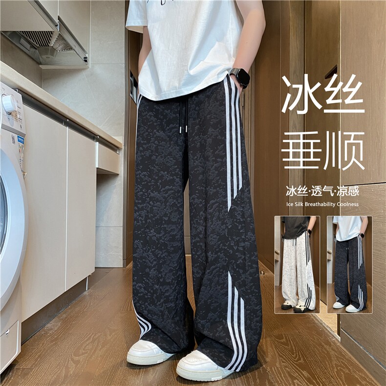 三条杠条纹扎染运动裤子男夏季潮牌冰丝速干宽松直筒阔腿休闲长裤图片