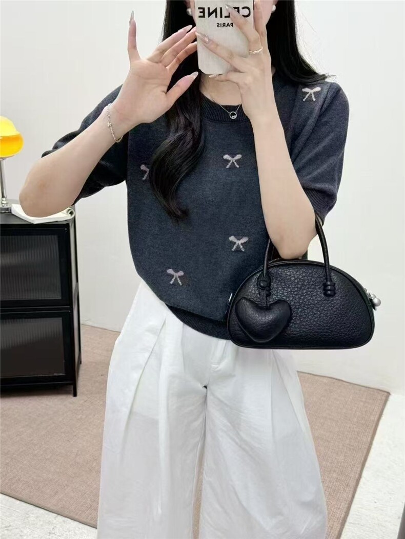 夏季女士薄款蝴蝶结针织短袖t恤女2025新款减龄短款上衣，女装针织衫/毛衣，悦玛羊绒
