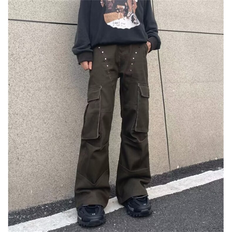 美式柳丁多口袋工装牛仔裤男美拉德设计感迷彩微喇叭拖地裤P67图片