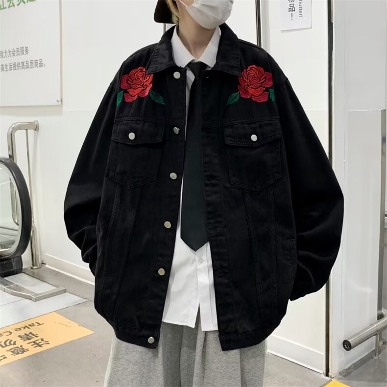 美式复古高街玫瑰花牛仔外套男宽松原宿港风薄款棒球服W5007-P64,男装夹克,星座512-2