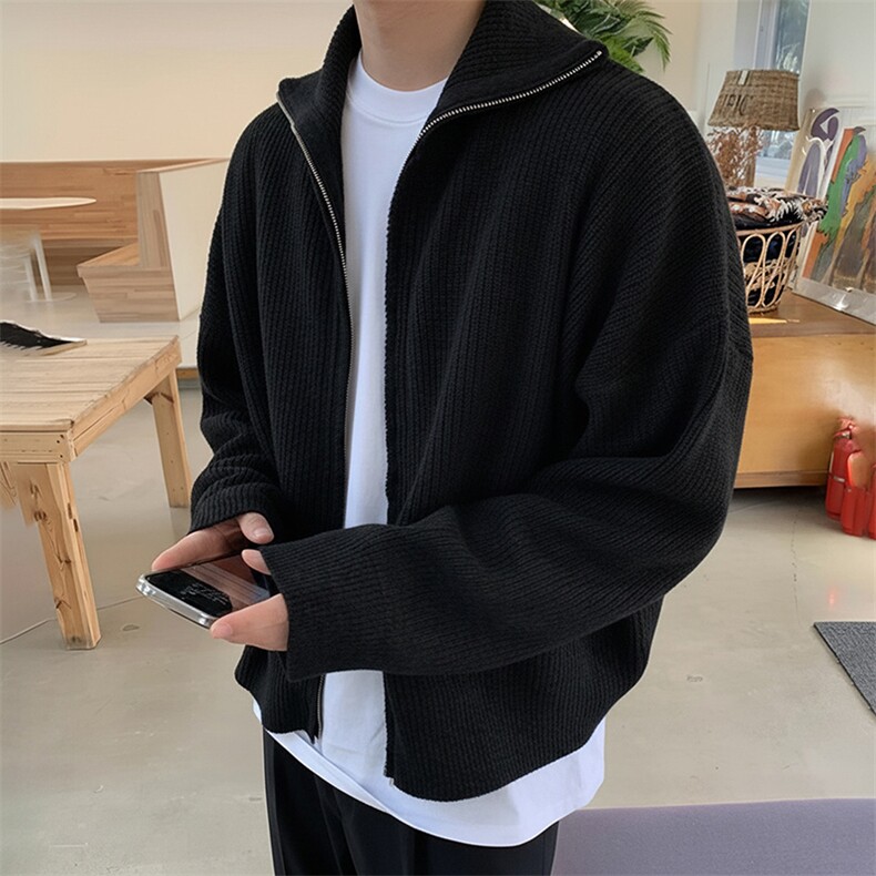 重磅秋冬北极绒双拉链毛衣开衫美式复古休闲慵懒风宽松针织衫外套,男装针织衫/毛衣,电商A486-1