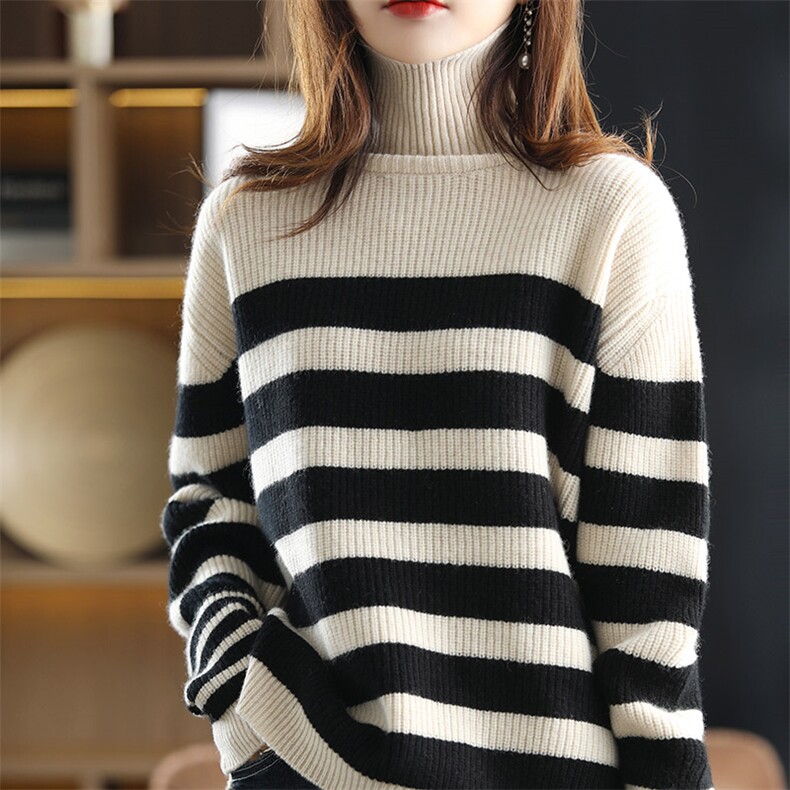 高领黑白条纹羊毛衫女2024年秋冬新款宽松加内搭打底针织，女装羊毛衫，蒙特羊绒