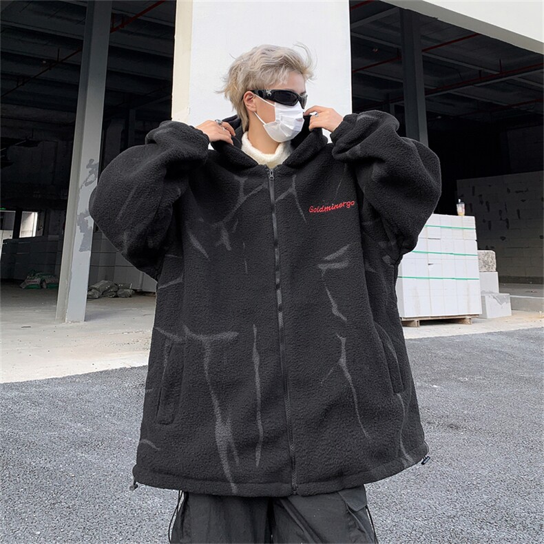 美式ins扎染羊羔绒棉服男加厚保暖棉衣冬季潮牌宽松连帽棉袄外套,男装棉衣,星座505-2（原电商A260-1)