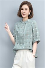 格子棉麻衬衫女夏新款宽松大码休闲短袖妈妈T恤洋气减龄亚麻上衣，女装衬衫，涵誉