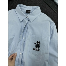 小猫刺绣长袖衬衫男女秋季学院风polo领百搭宽松衬衣CY1239-P35，男装衬衫，星座412-1