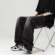 微喇叭黑色牛仔裤男女春秋季高街vibe风直筒百搭拖地水洗阔腿裤子，男装牛仔裤，星座601-2