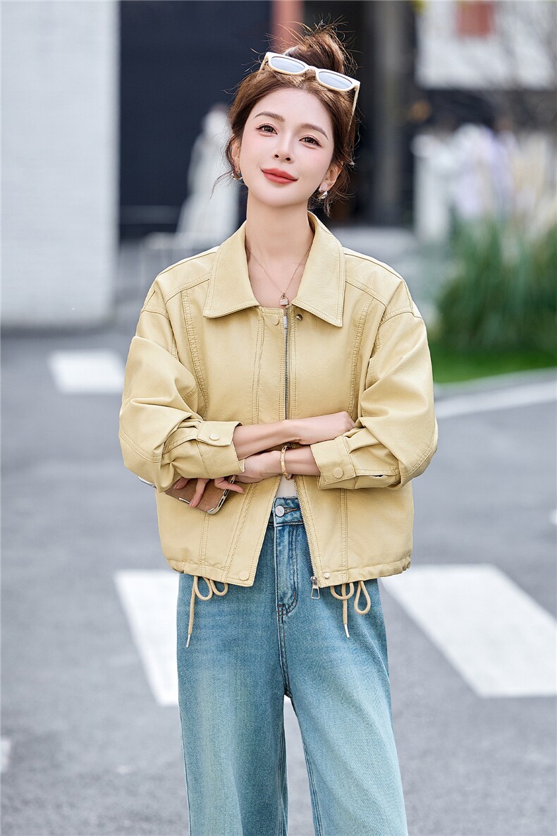 黄色可盐可甜减龄好看皮衣夹克上衣女春新款小个子休闲显瘦短外套,女装皮衣,江南女神