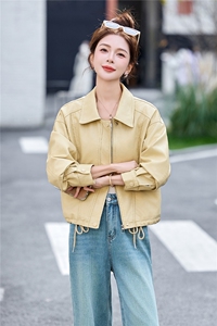黄色可盐可甜减龄好看皮衣夹克上衣女春新款小个子休闲显瘦短外套图片
