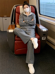 慵懒风休闲套装女春季新款假两件拉链开衫连帽卫衣直筒长裤两件套图片