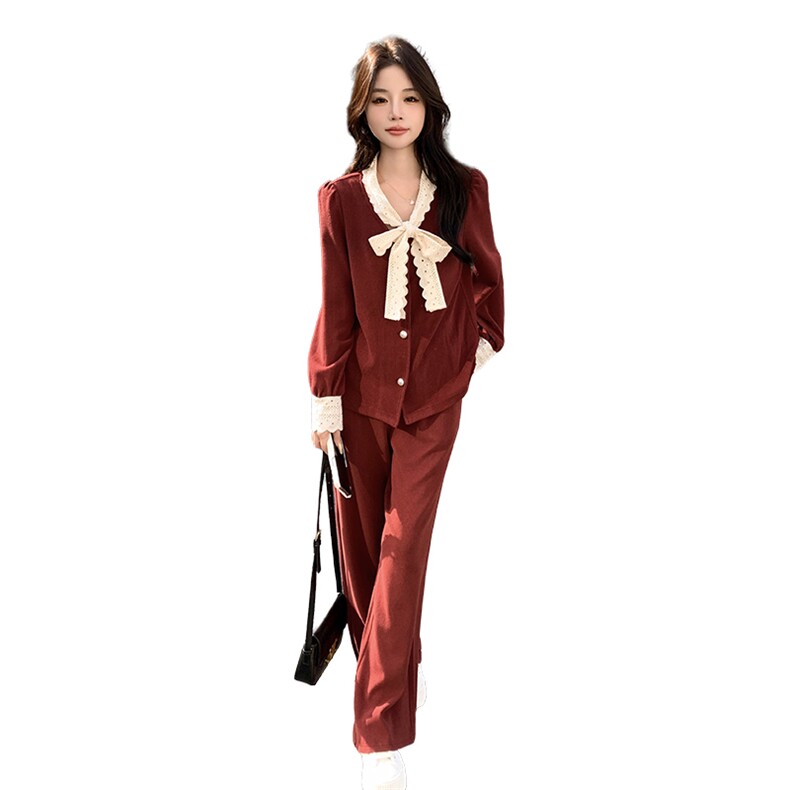2024春季新款针织两件套蝴蝶结新年红色针织打底衫女高级短款套装,女装套装/套裙,浙宝042