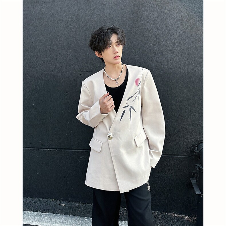 25新中式竹叶男士V领金属扣西装外套XZ121-P128,男装西服,电商B288