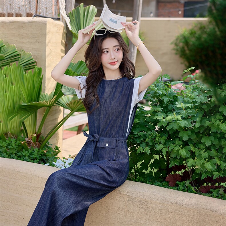 水衣源750款牛仔连体裤配白T内搭时尚休闲两件套装女,女装套装/套裙,水衣源