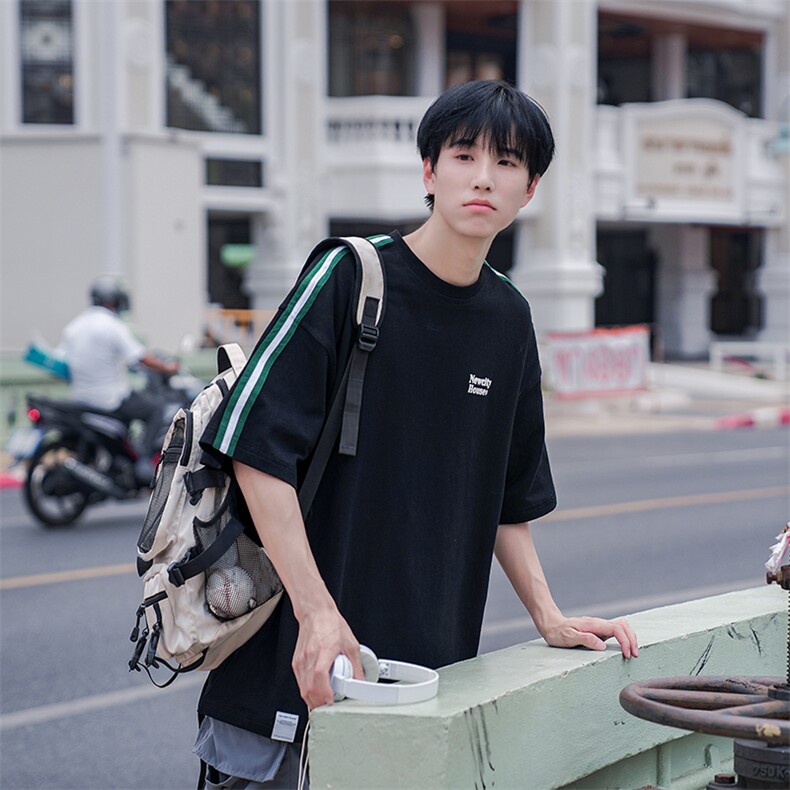 条纹短袖T恤夏季高街港风潮流宽松印花男装T恤B225-T9201-P43-X58,男装T恤,电商B225