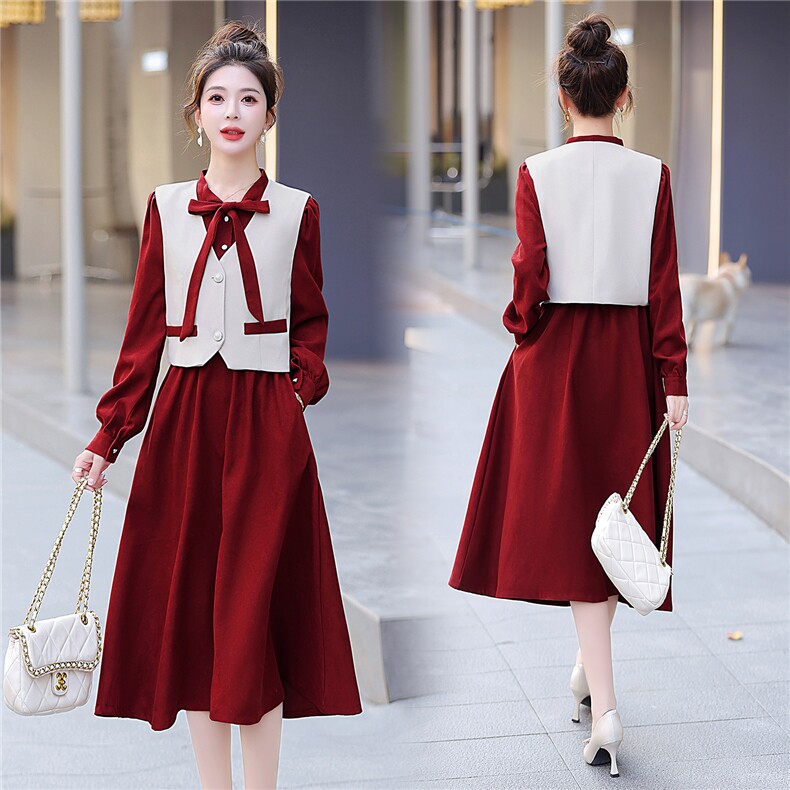 法式气质女春季长袖2025新款漂亮拼接收腰连衣裙马甲显瘦连两件套，女装连衣裙，美静678