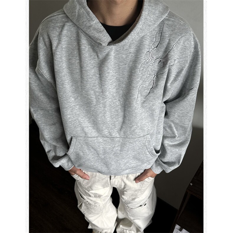 WY816-尺码M-3XL-P39-美式复古闪电刺绣连帽卫衣宽松套头上衣,男装卫衣,星座1811B