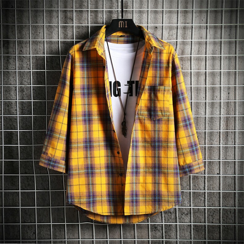 格子衬衫男短袖外套上衣服夏韩版潮流休闲七分袖衬衣DS812TP35图片