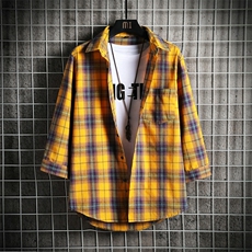 格子衬衫男短袖外套上衣服夏韩版潮流休闲七分袖衬衣DS812TP35，男装衬衫，电商A102