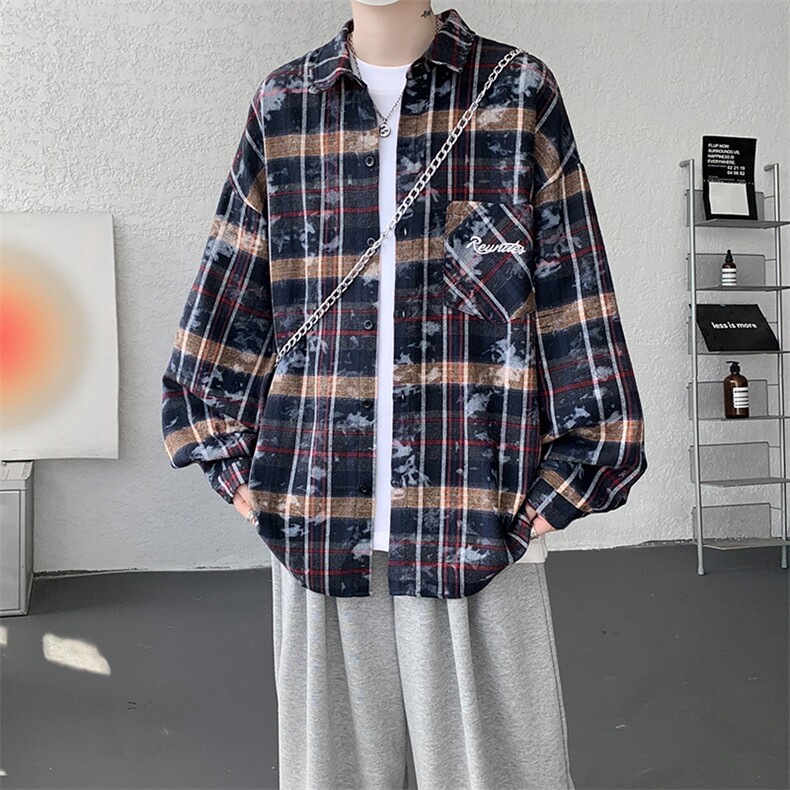 衬衫男秋季新款港风宽松大码格子扎染刺绣长袖衬衣CS3016-P38，男装衬衫，星座214-3