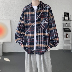 衬衫男秋季新款港风宽松大码格子扎染刺绣长袖衬衣CS3016-P38,男装衬衫,星座214-3