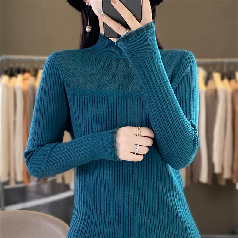 时尚半高领欧根纱拼接针织衫显瘦修身长袖毛衣女款,针织衫/毛衣,暖姿羊绒