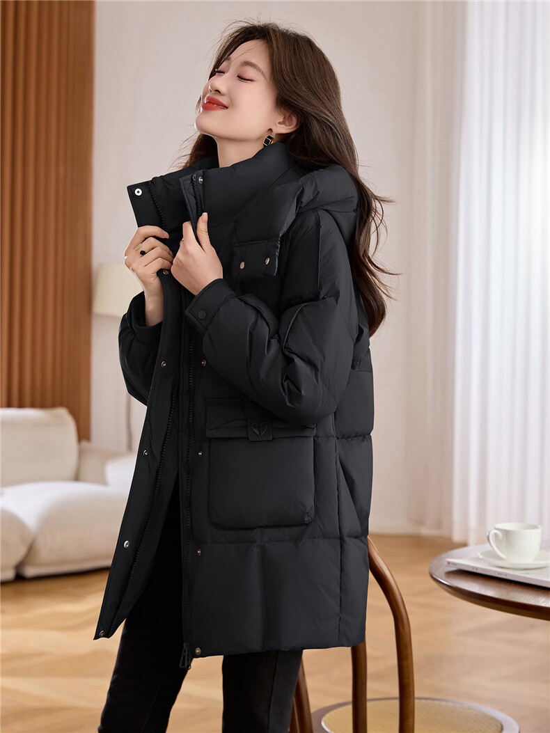 现货，2025年时尚白鸭绒纯色中长款洋气加厚保暖羽绒服女冬季潮品,女装羽绒服,依万里