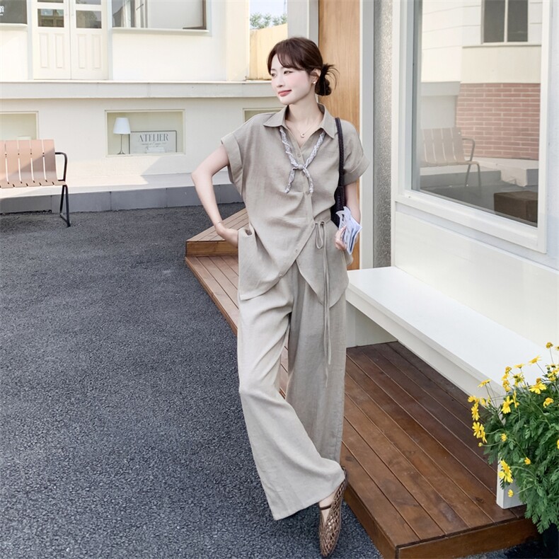 2026夏季法式亚麻短袖不规则系带衬衫阔腿裤套装女休闲两件套套裤，女装套装/套裙，霓裳依族