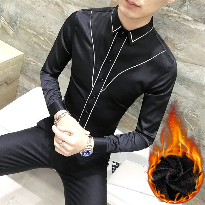 18秋冬款男青年韩版线条加绒加厚修身长袖黑白纯色衬衫W0329-P65,男装衬衫,星座419（原A233）