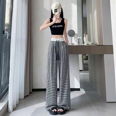 格子阔腿裤女夏季薄款小个子垂感宽松高腰休闲裤抽绳百搭拖地长裤，男装休闲裤，星座1210-1
